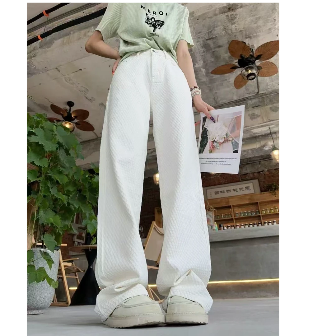 猫猫加长女裤高个子纹理白色牛仔裤63186