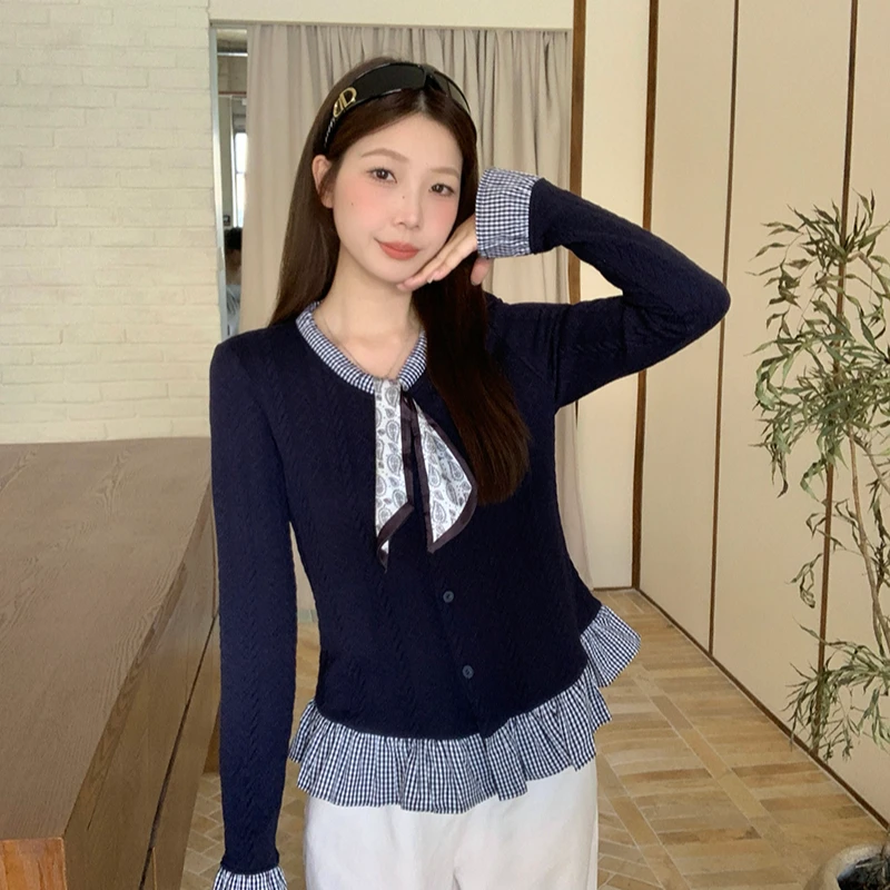 2025秋装新款胖mm大码女韩系丝带拼接格子长袖针织上衣23079