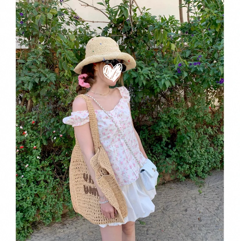 泡泡袖碎花衬衫夏季韩系V领薄款白色短上衣