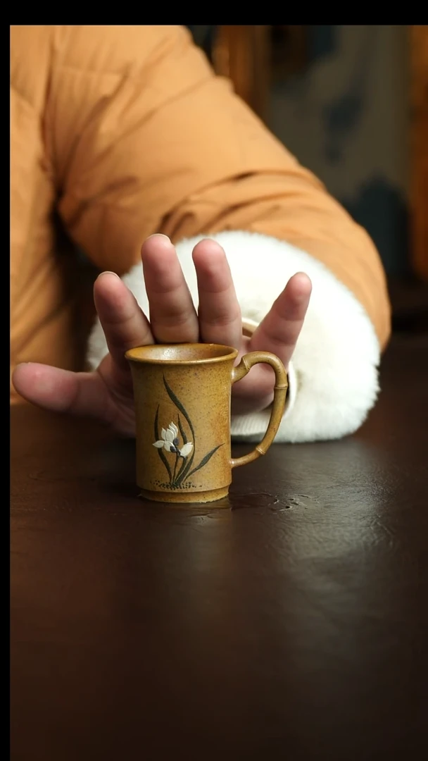 茶杯紫砂4号  柴烧兰花把杯 宜兴紫砂原矿作品