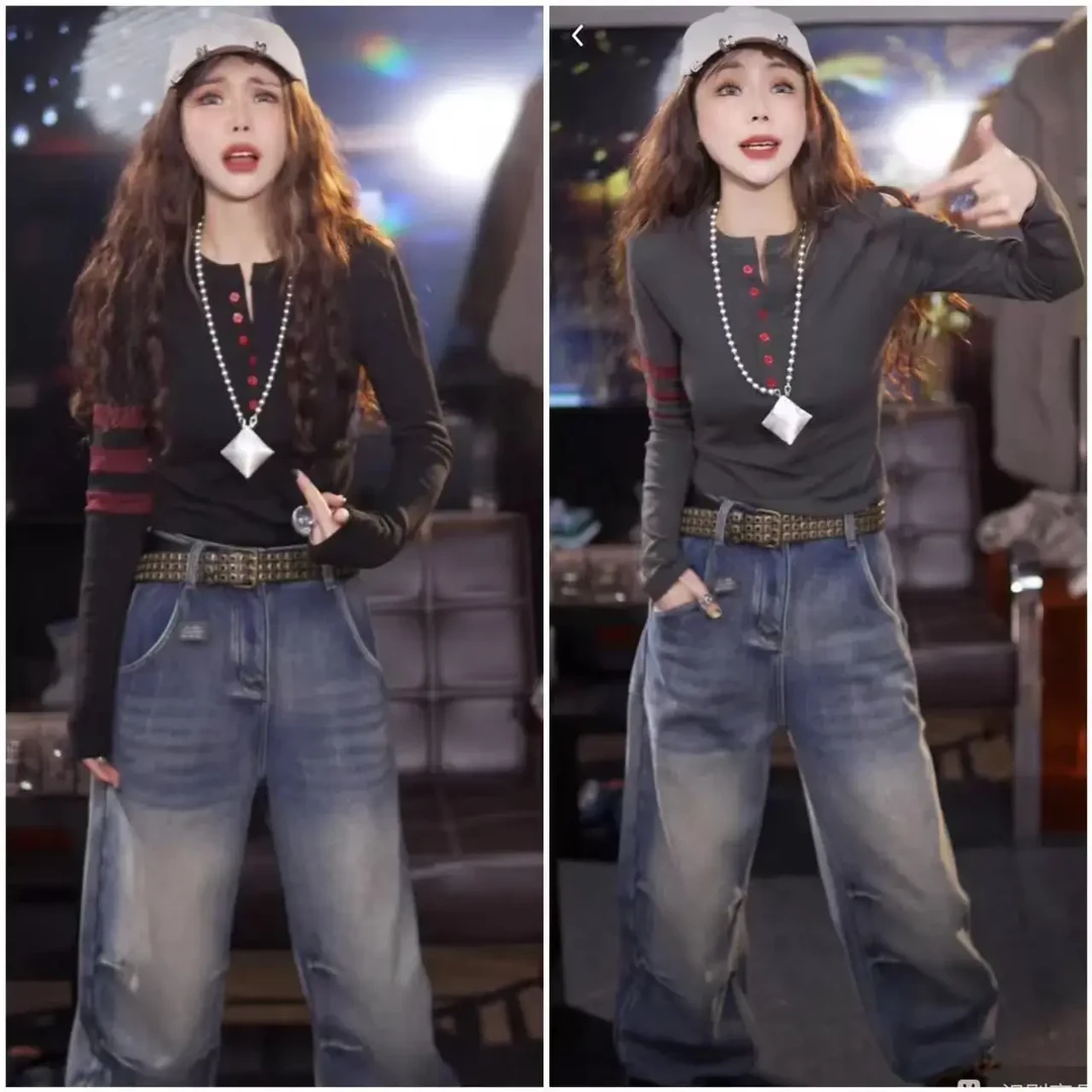 纯欲风辣妹纽扣三条杆加绒加厚上衣女秋冬新款半高领别致长袖T恤