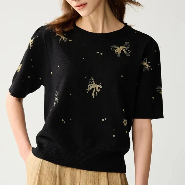 【桑蚕丝】圆领提花蝴蝶结短袖上衣显瘦T恤女针织衫 8008