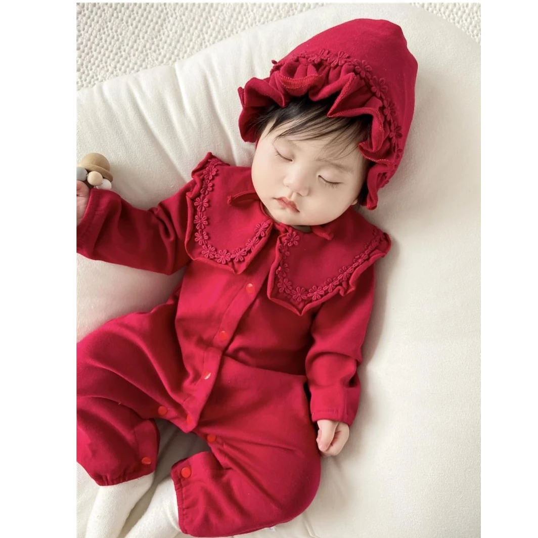 纯棉婴儿满月服春秋装花边翻领可爱萌新生儿百天哈衣爬服带帽子
