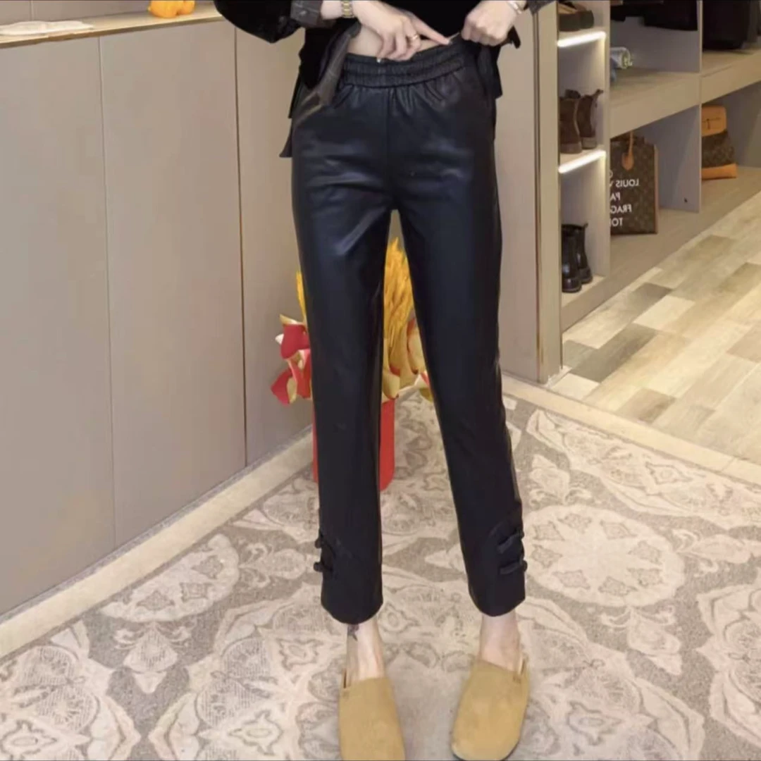 高腰定制九分盘扣直筒小皮裤#3360