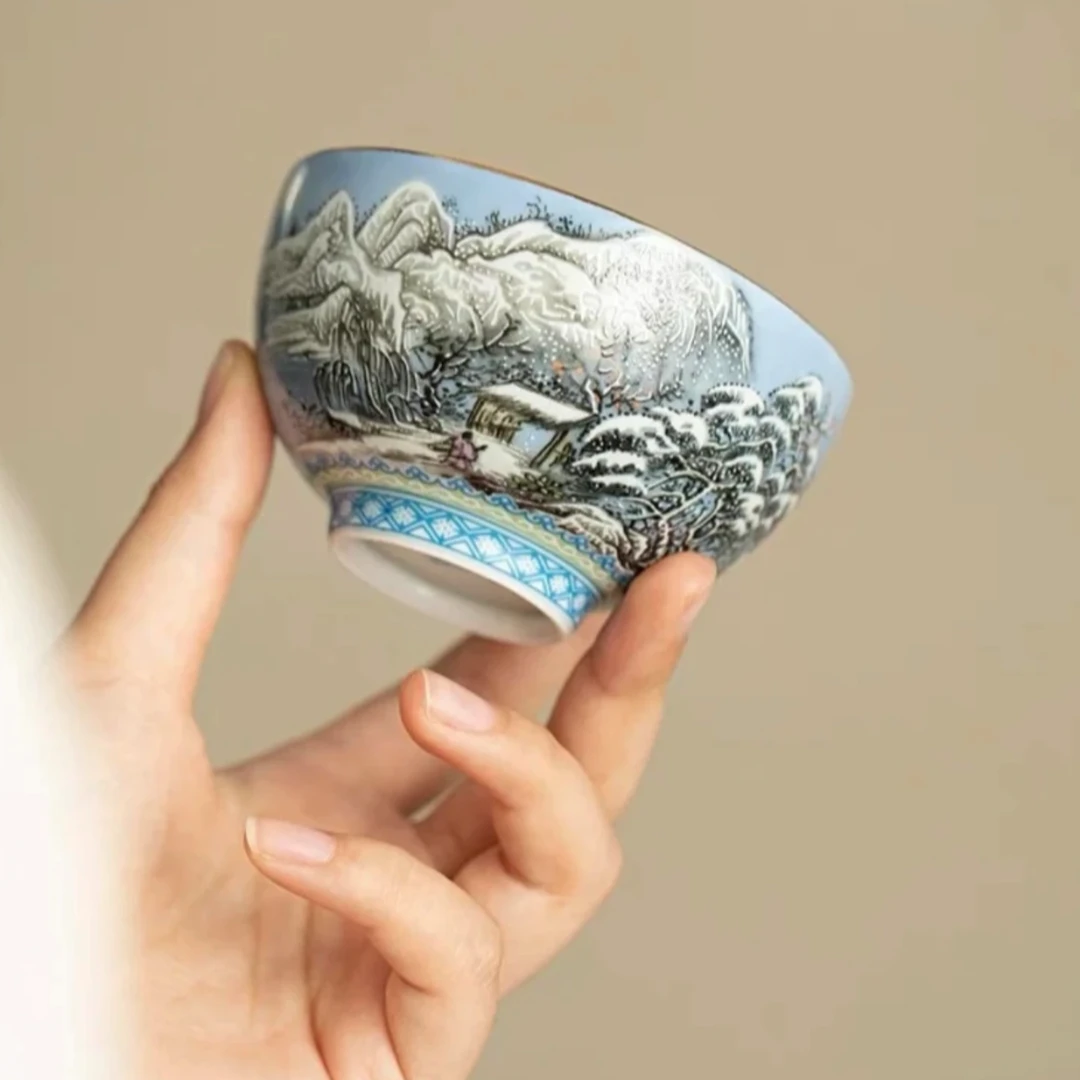 景德镇粉彩瑞雪兆丰年品茗主人杯压手杯手工茶杯鎏金名窑陶瓷
