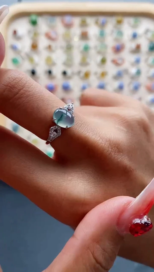 【闪购商品】翡翠戒指银S925镶嵌缅甸天然A货翡翠111 1+3