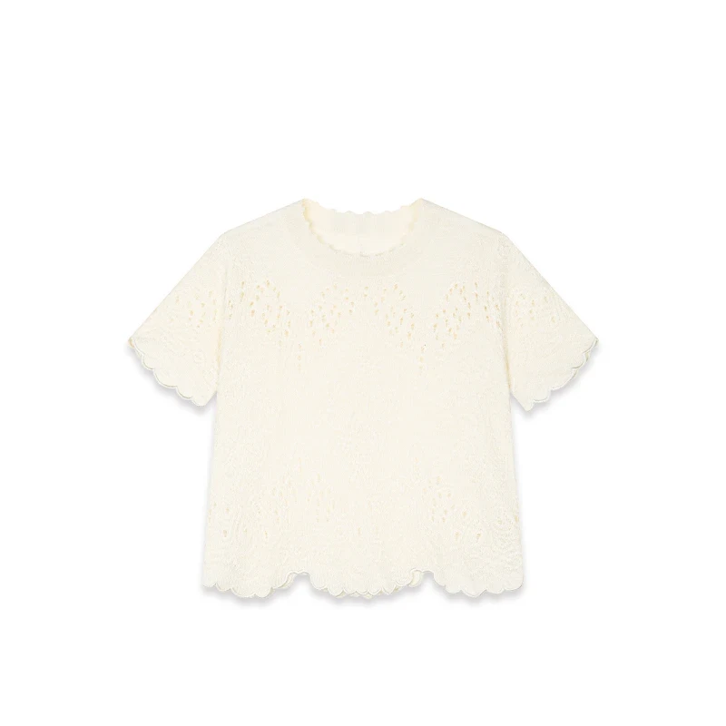 2025夏季新款重工钩花镂空设计圆领针织短袖上衣