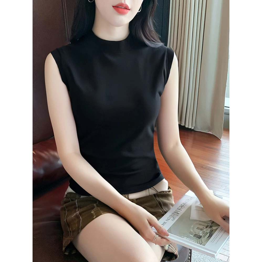 欧货辣妹背心无袖T恤小立领修身显瘦内搭女遮副乳美背夏外穿上衣