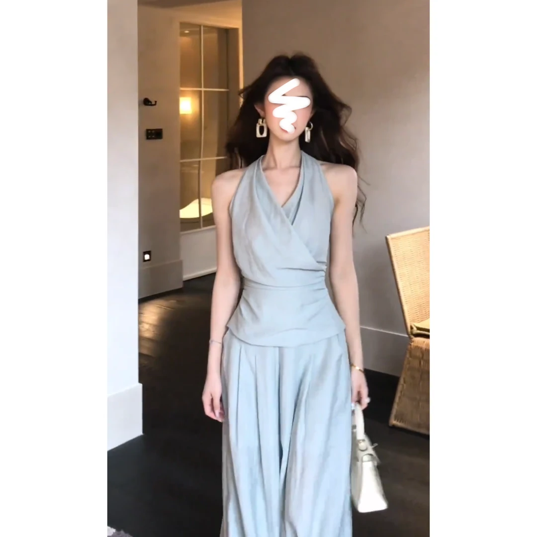 MARIE.COCO纯欲御姐风浅蓝色收腰上衣女山本休闲长裤时尚气质套装