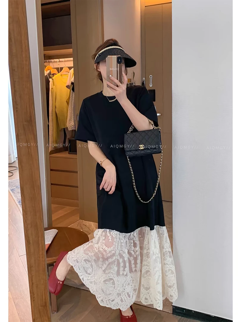 大码法式赫本风方领掐腰连衣裙女胖mm遮肚梨形身材显瘦小黑裙6393