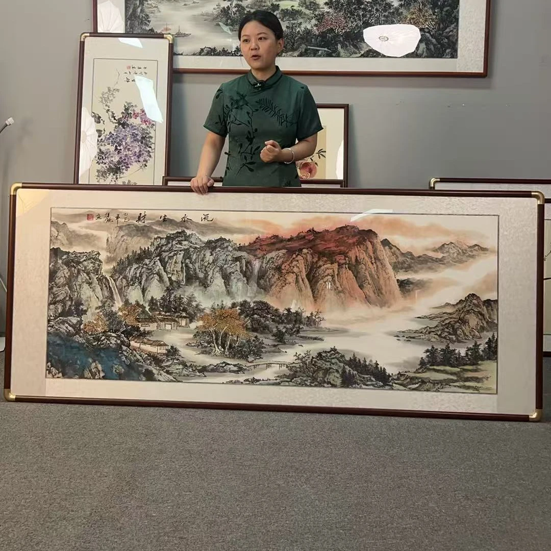 纯手绘流水生财208*86山水画中国画字画直播间