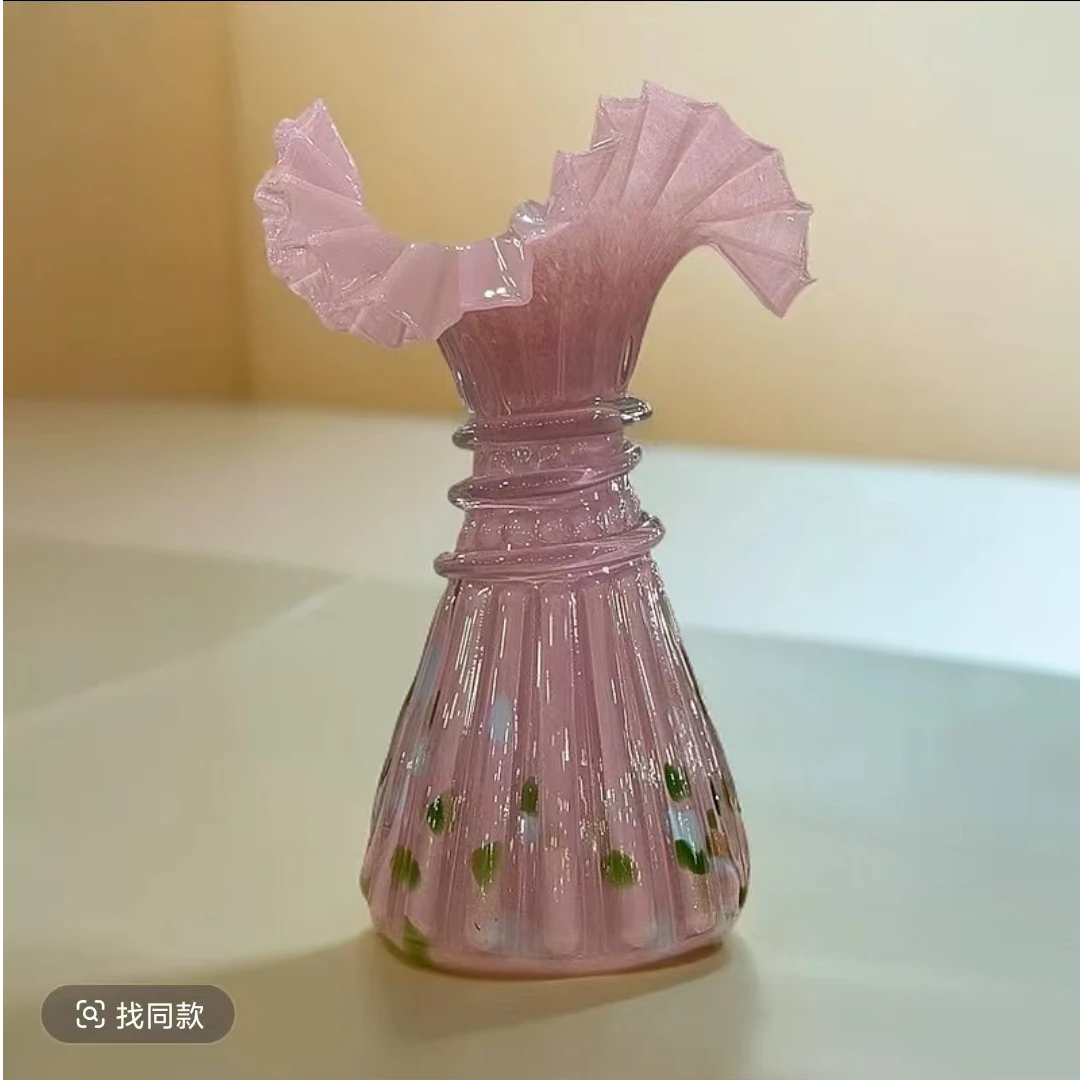 法式花边大裙摆琉璃花瓶中古芬顿粉色橙色绝美摆件花瓶