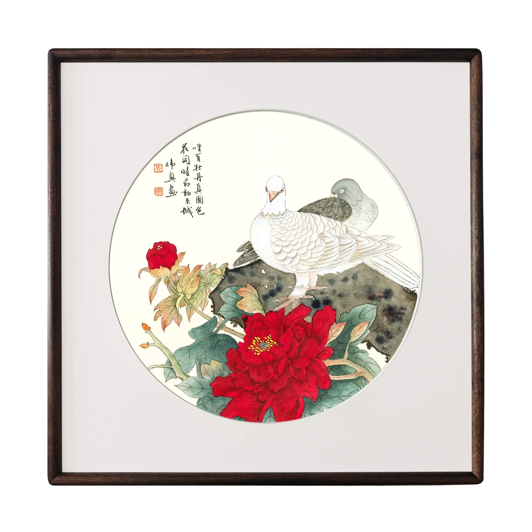 【榫卯027】50*50花开富贵图黑胡桃木框餐厅书房卧室家居装饰挂画