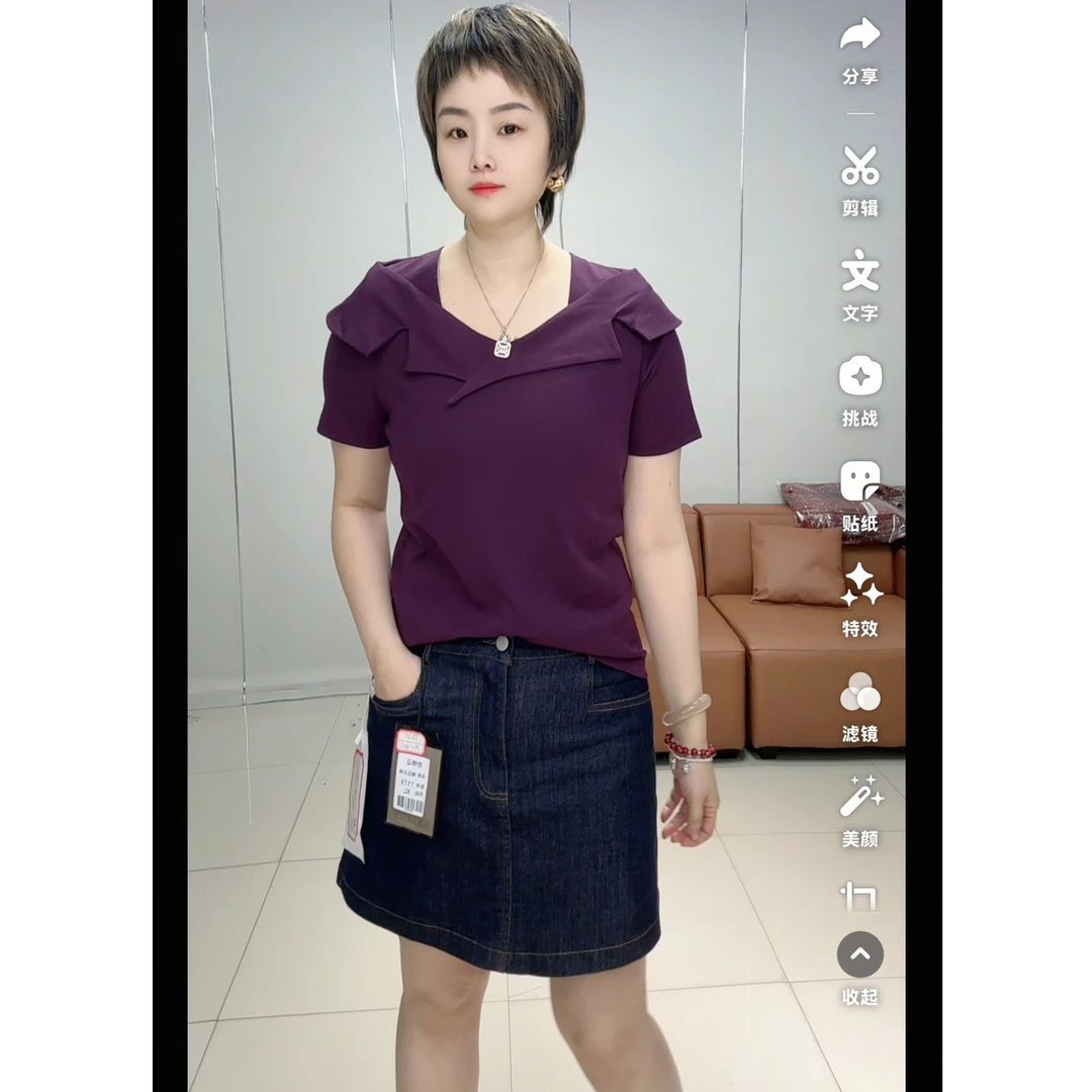 小施家气质女人味特色领设计显瘦洋气T恤6908