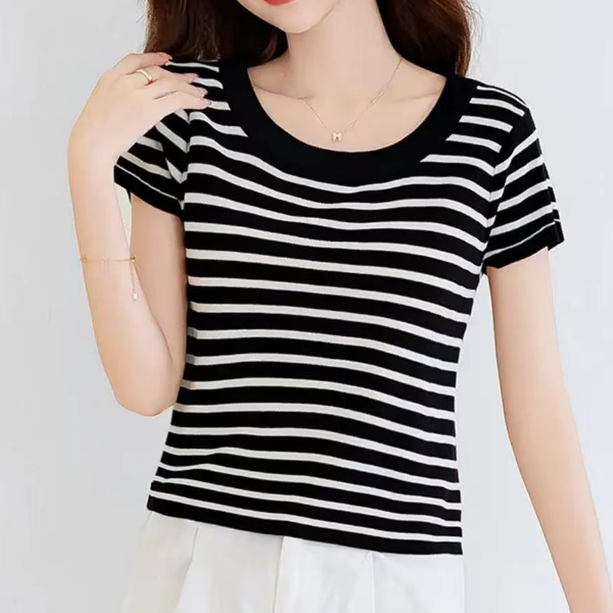 2025夏季新款时尚短款条纹t恤休闲显瘦圆领女士上衣5328长47