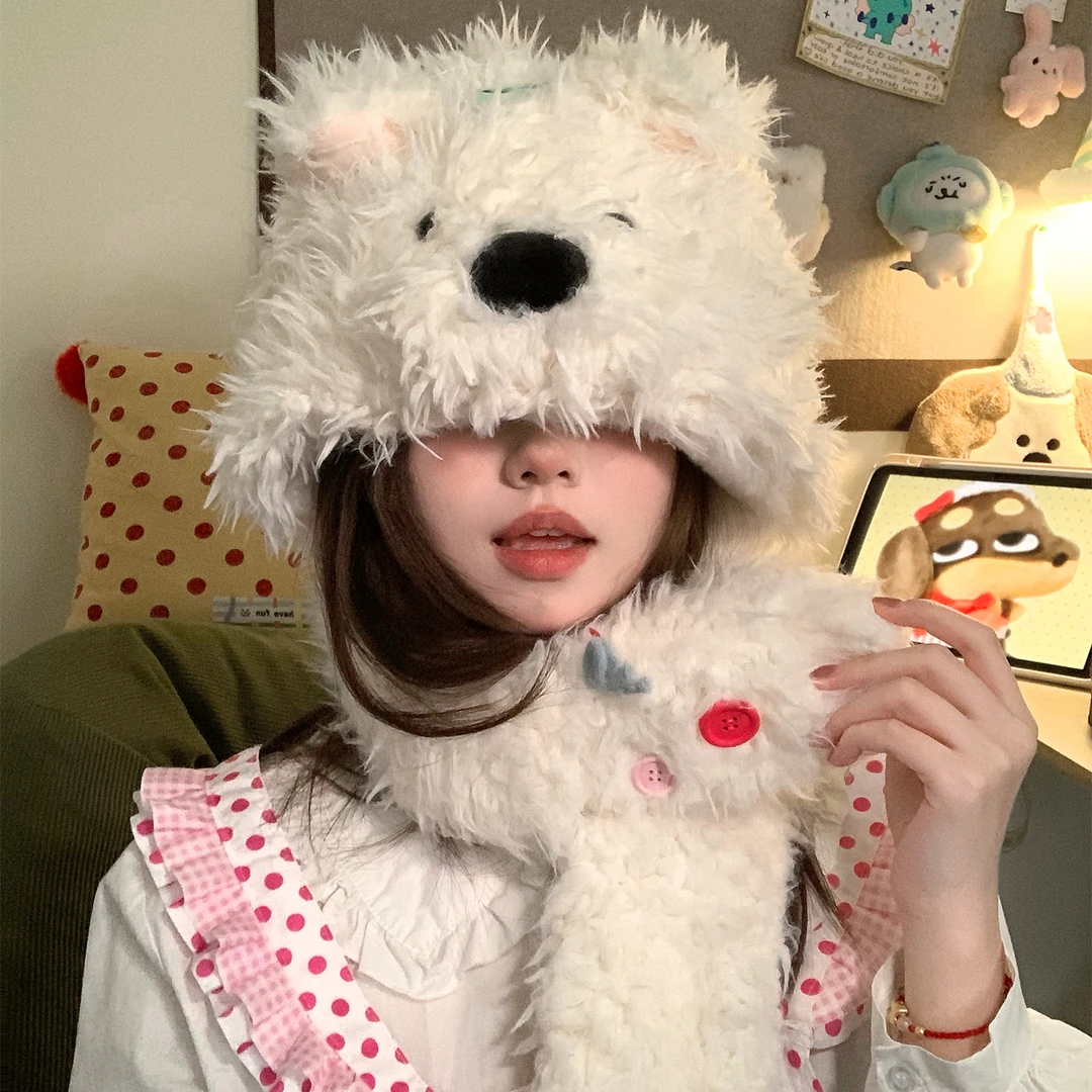 可爱白色西高地小狗毛绒帽子围脖一体女冬季加厚保暖护耳帽雷锋帽
