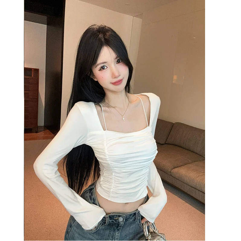 新款设计感方领褶皱修身T恤显瘦长袖短款百搭上衣