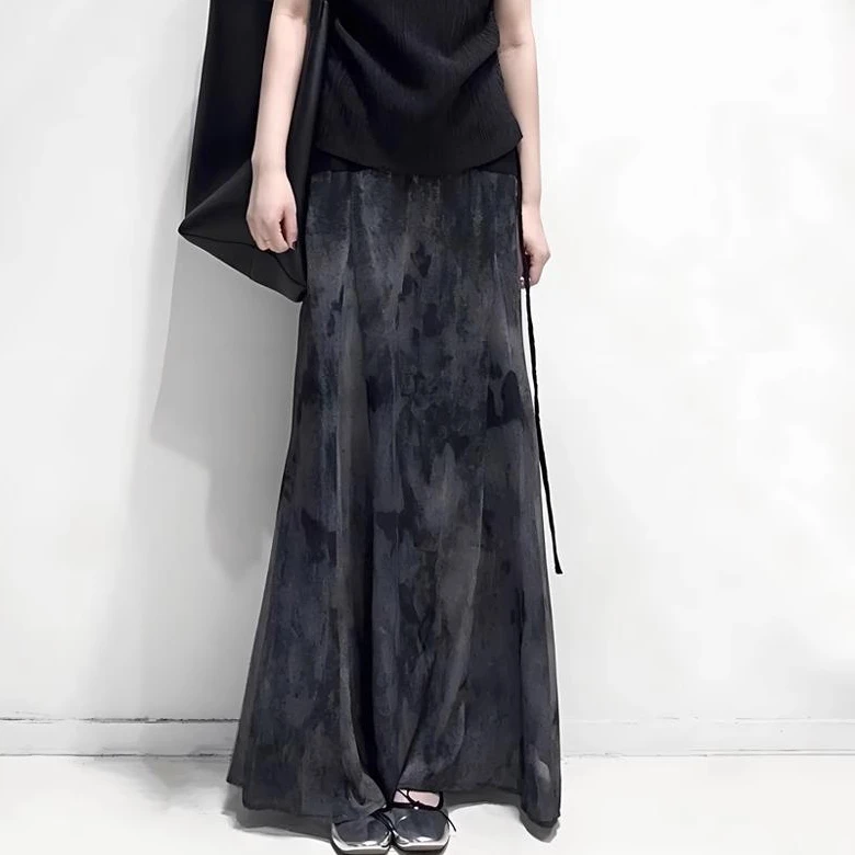 半身裙高级灰复古扎染2025春季新款高腰显瘦水墨风优雅气质A字裙