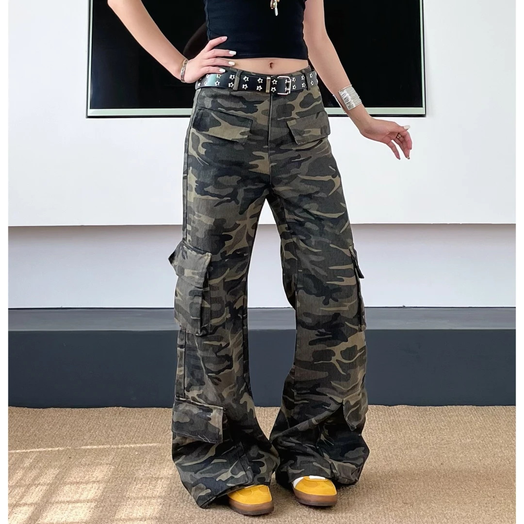 SWAG美式复古迷彩低腰辣妹直筒工装裤男女街头嘻哈街舞vibe长裤子