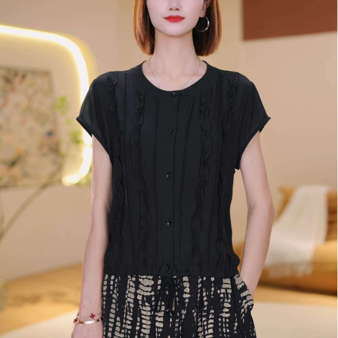 夏季新款木耳边短袖设计感气质优雅百搭系带纯色T恤8812