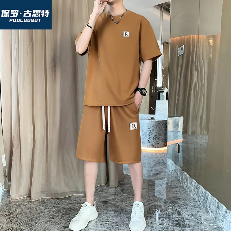 保罗·古思特男士夏季宽松休闲运动套装速干透气短袖短裤时尚刺绣