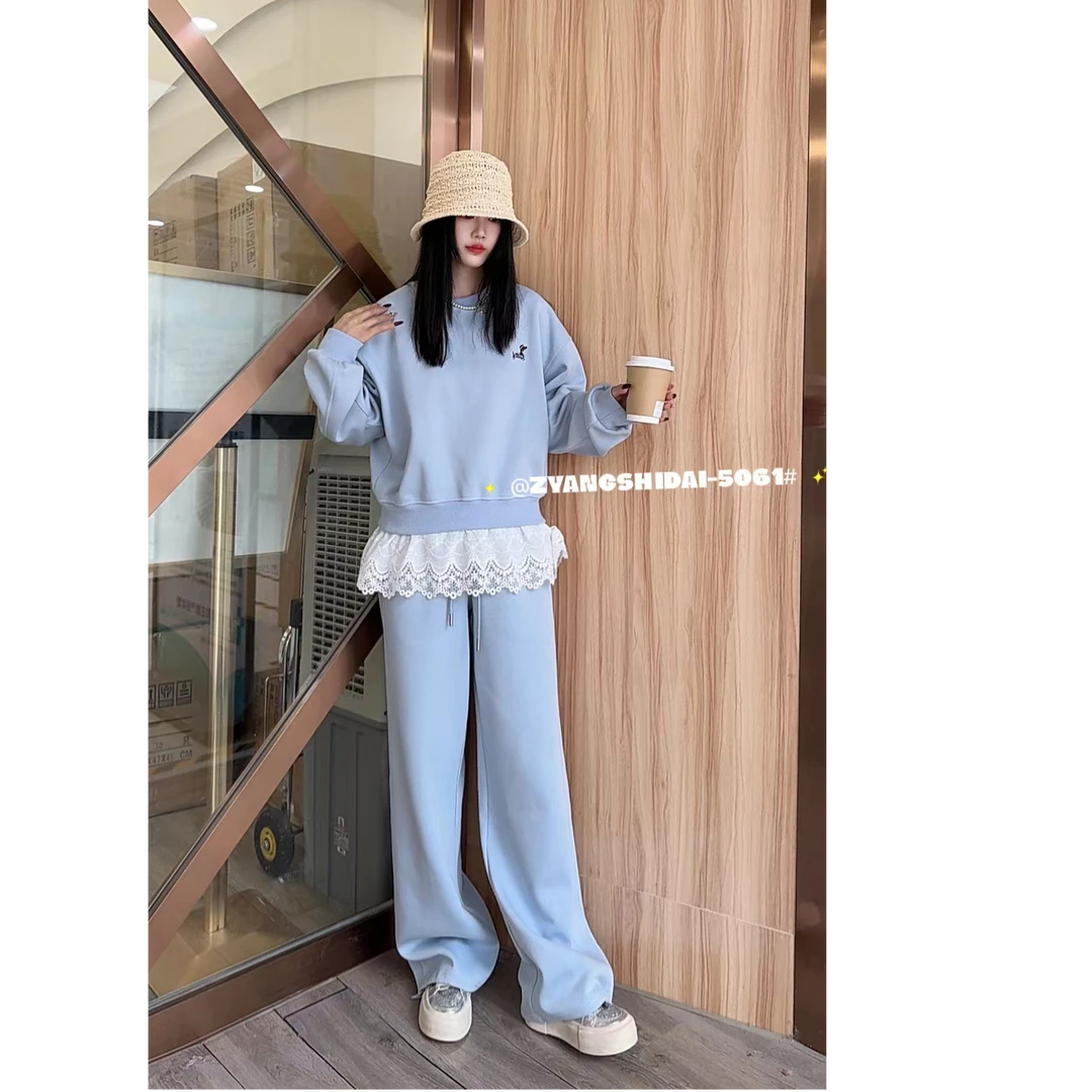 时尚蓝色蕾丝拼接卫衣套装2025女春季学院风减龄休闲阔腿裤两件套