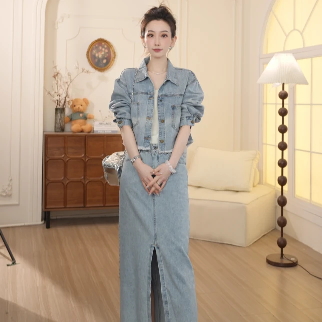 Basic House/百家好春秋时尚潮流百搭设计感显瘦气质牛仔套装1001