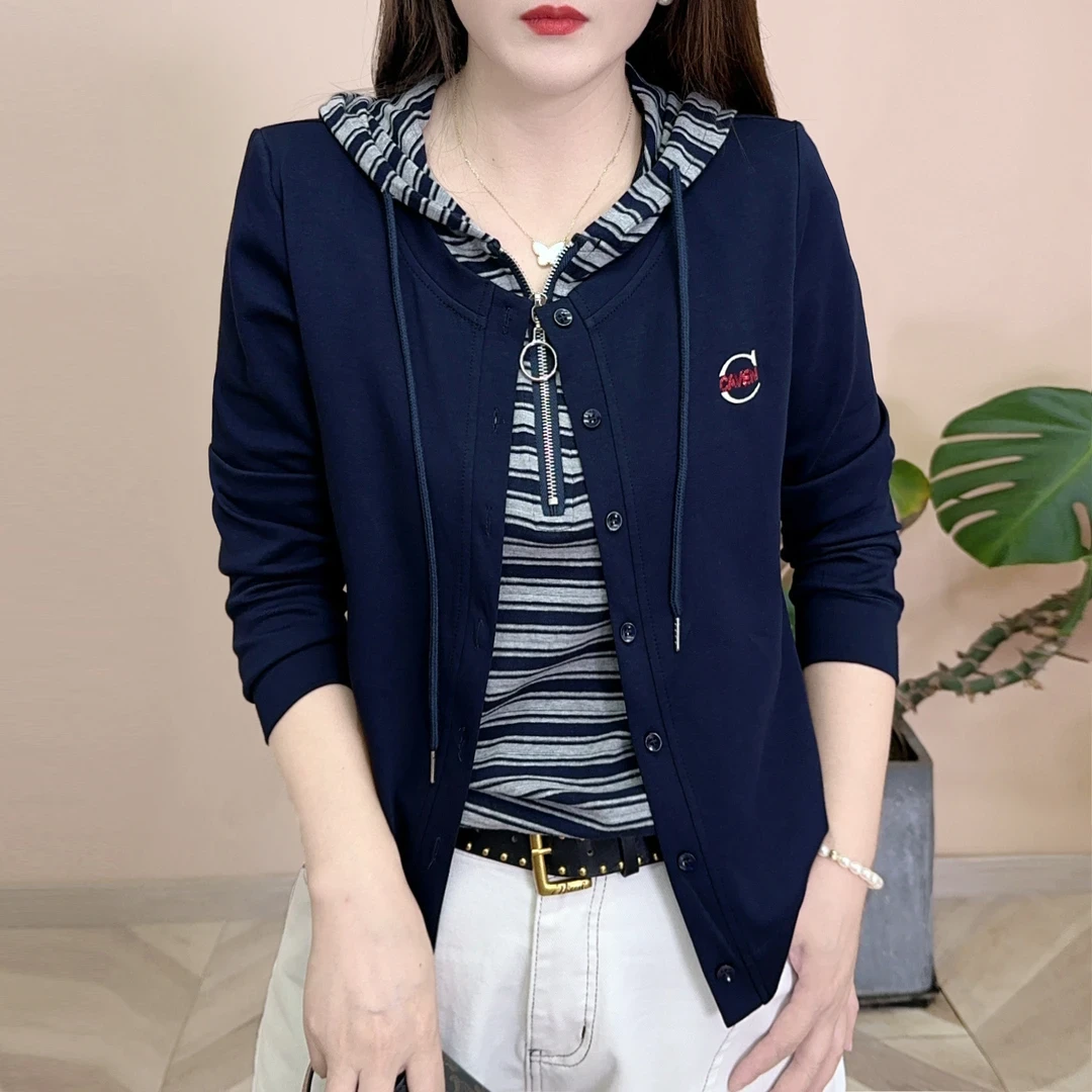 大码2025早秋新品时尚百搭修身显瘦假两件连帽卫衣女士长袖上衣