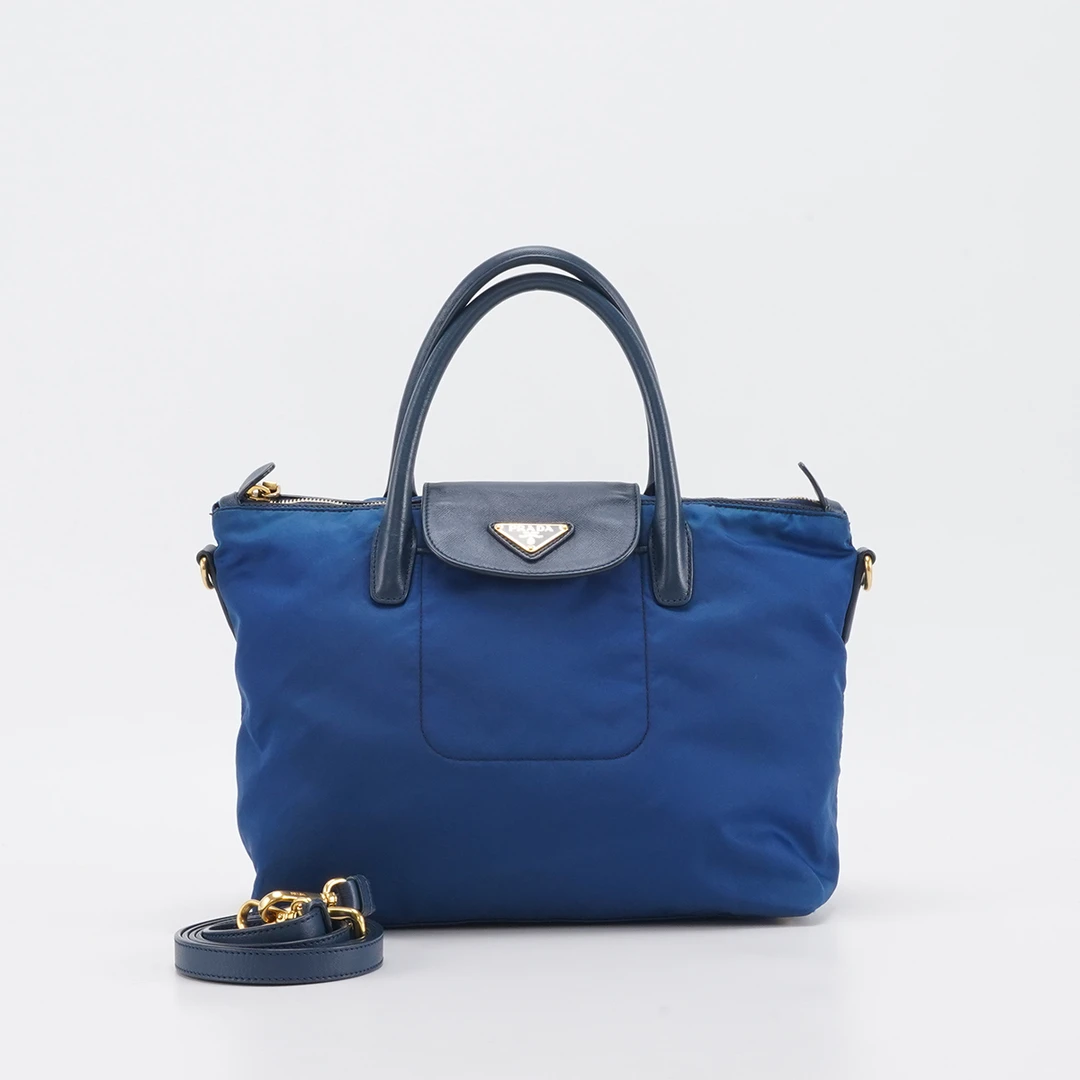 95新 Prada/普拉达 【白菜】手提翻盖深蓝拼黑单肩包/BGD401350017