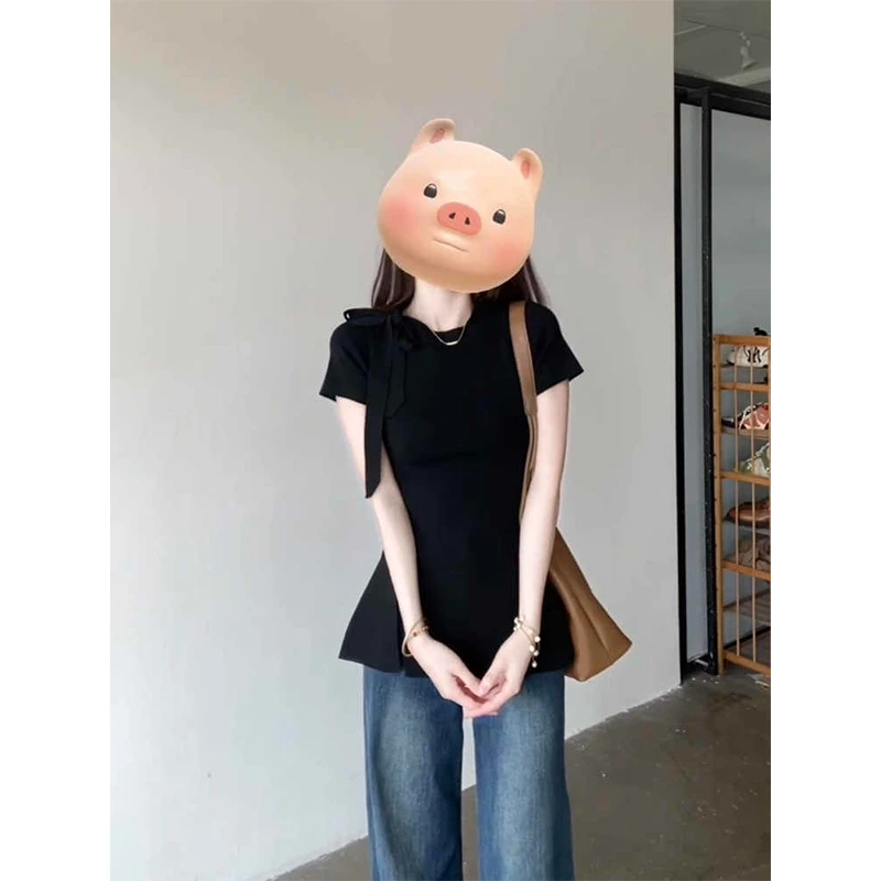 韩系芭蕾风系带开叉设计感黑色短袖t恤女夏季温柔显瘦中长款上衣
