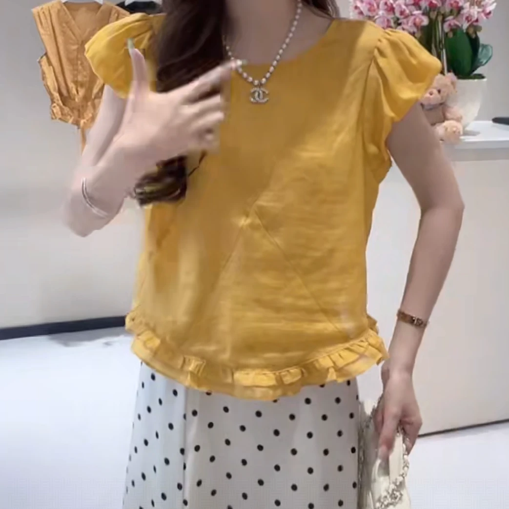 荷叶边下摆韩系减龄短袖上衣女2025夏季新款图案显瘦气质百搭修身