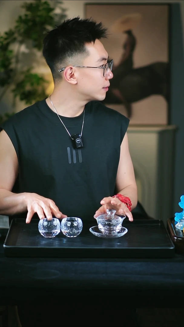 玻璃水静莲三才盖碗＋主人杯两只
