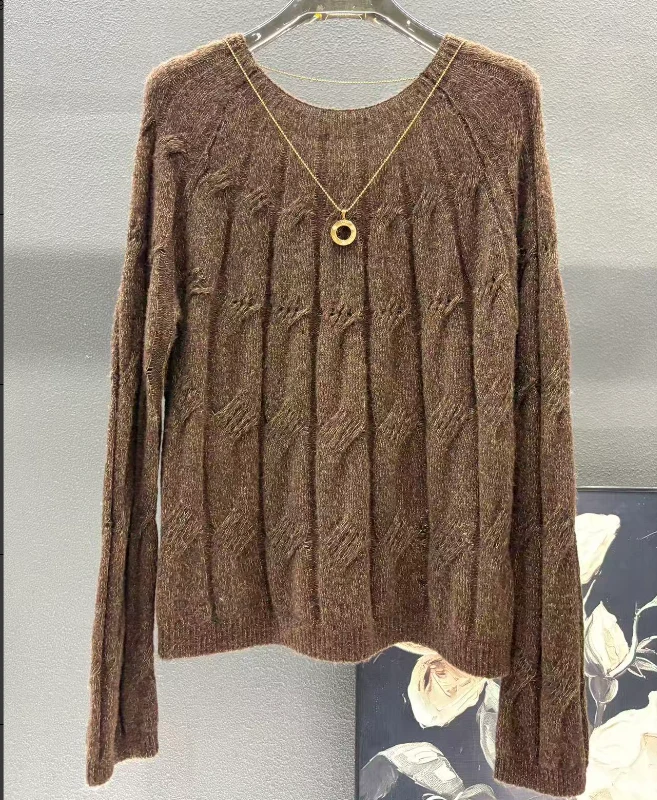 丽丽家~山羊绒咖150g气质长袖时尚百搭女士镂空圆领咖色上衣630