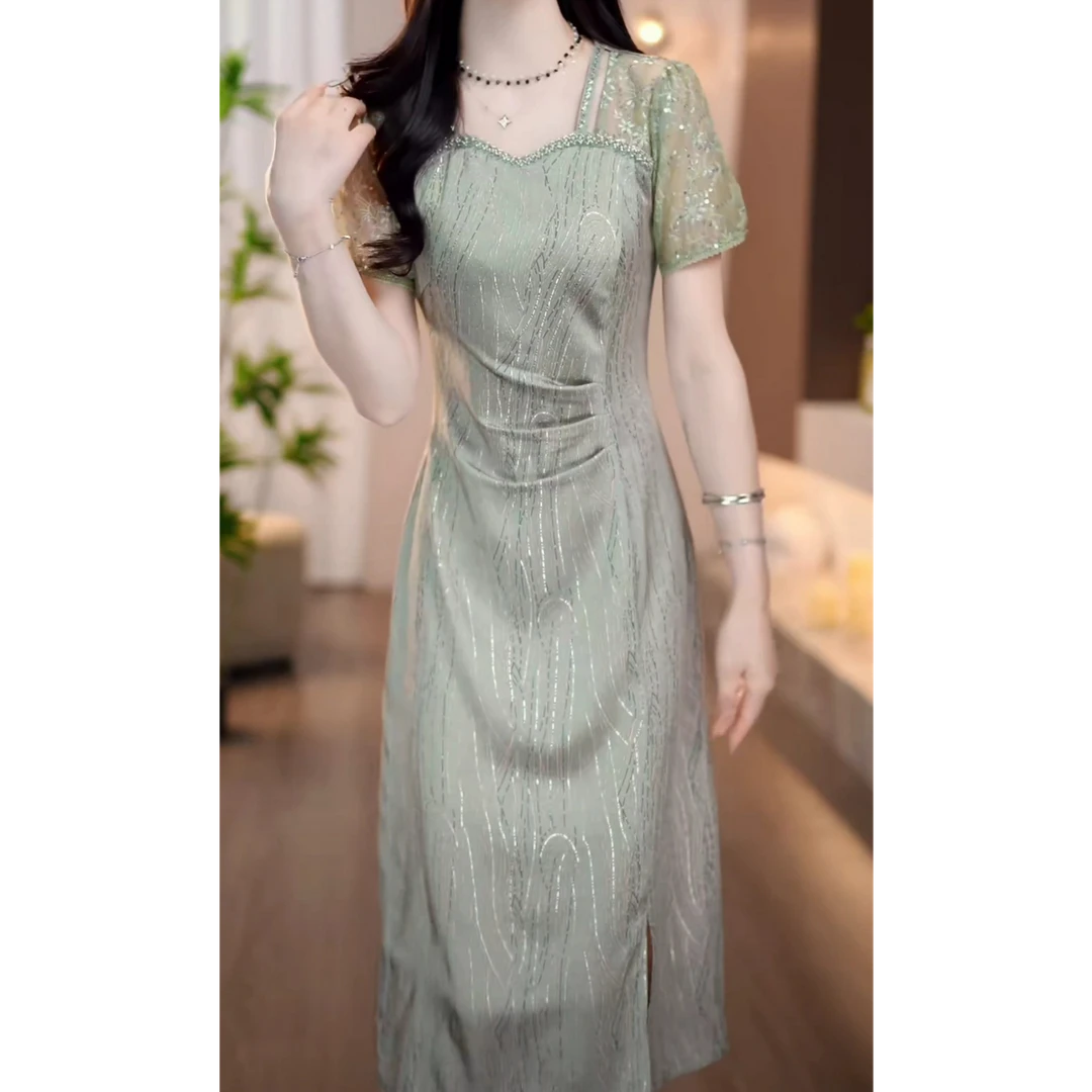 胜美女装2025夏季新款豆绿色清秀端庄显瘦端庄时尚气质连衣裙