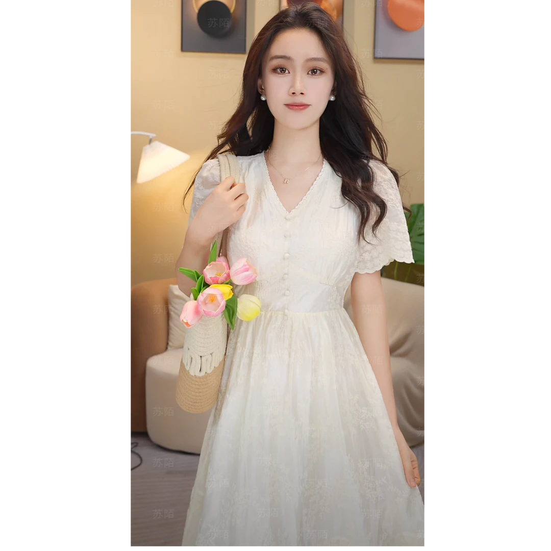 苏陌天丝气质连衣裙女爆款2025新款夏季法式裙高级感甜美仙女裙