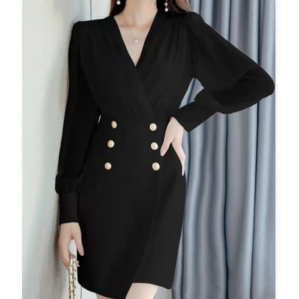 连衣裙V领双排6粒扣收腰显瘦纱袖7057