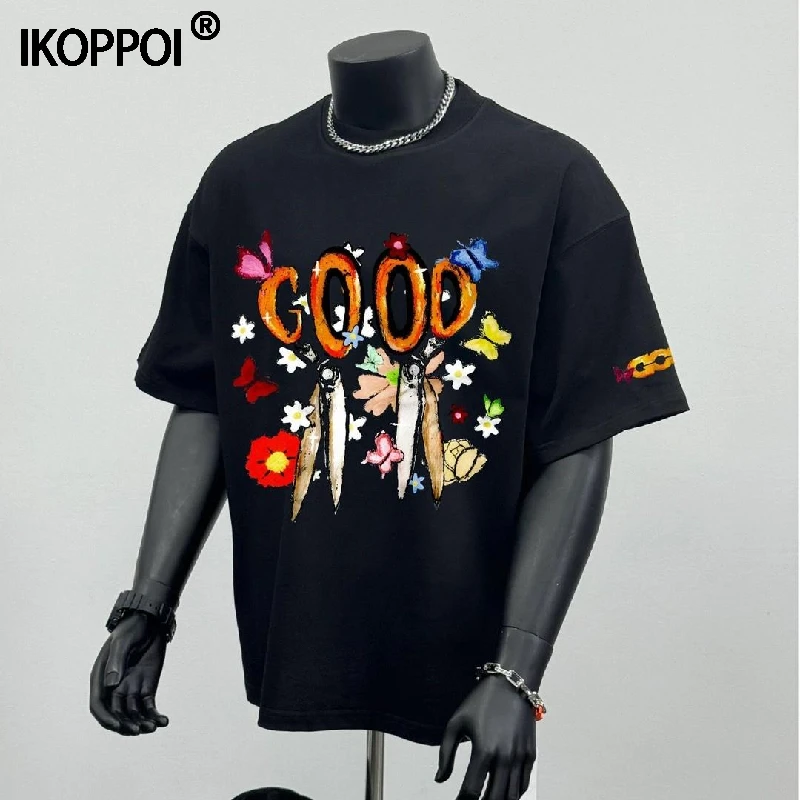 夏季新款美式街头蝴蝶鲜花与剪刀印花重磅纯棉短袖T恤男女打底衫