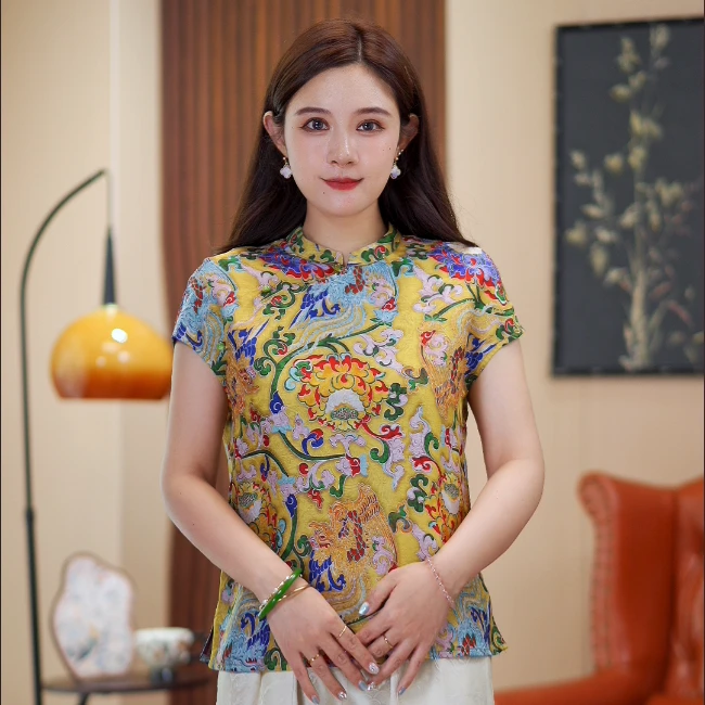 缠枝莲红云纱 桑蚕丝香云纱气质复古新中式 古风小衫上衣XT-663