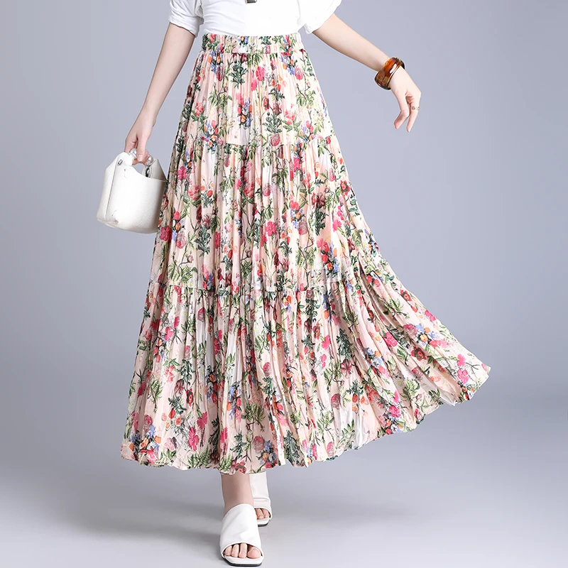 雪纺蛋糕长裙半身裙女夏季2025新款松紧腰遮胯a字碎花裙子百褶裙