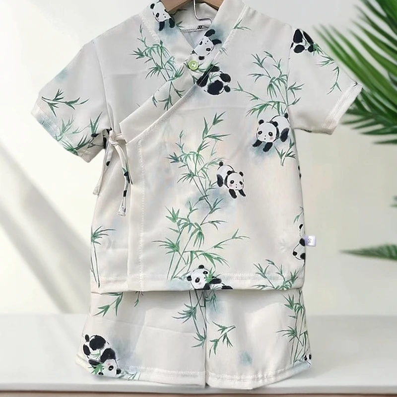 新款男孩女孩新中式夏季唐装汉服哪吒儿童短袖套装复古水墨时尚