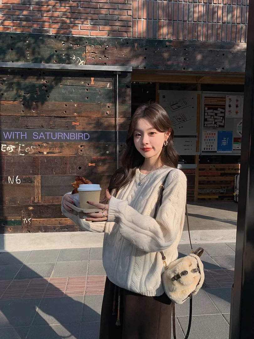 女套头针织衫慵懒风麻花厚款圆领毛衣软糯舒适宽松上衣复古外穿