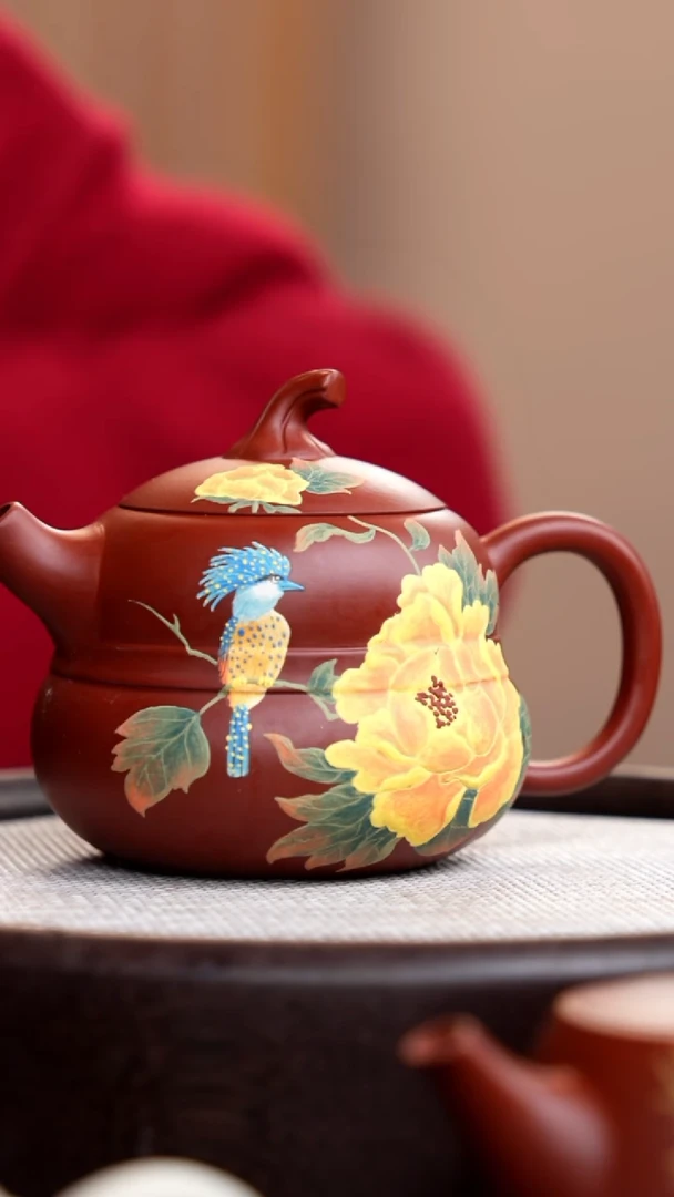 【闪购商品】紫砂茶壶大红袍葫芦壶泥绘蓝鸟013