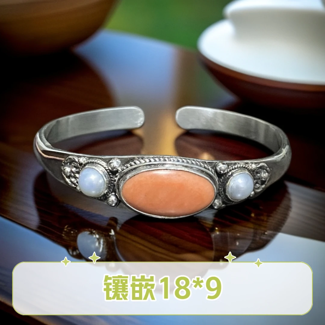 足银手镯 民族风18*9镶嵌手工手镯 SZ00160