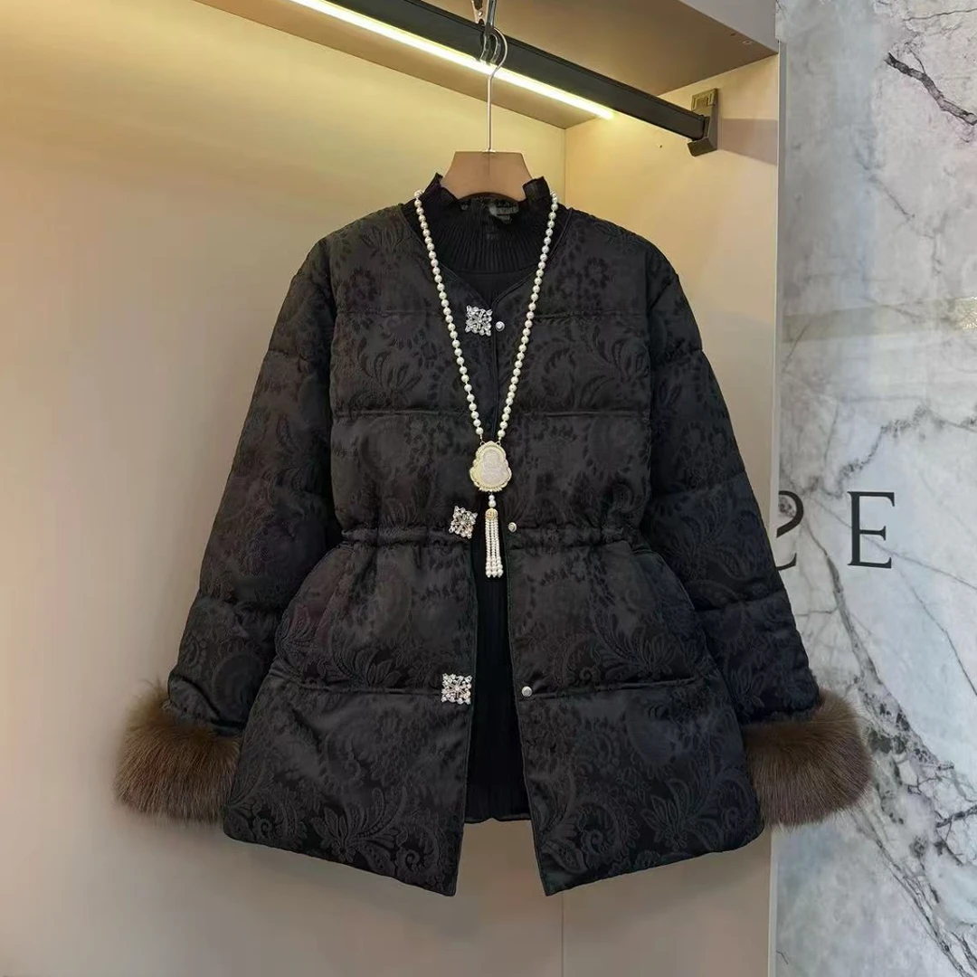 【柚柚】时尚收腰刺绣提花重工显瘦冬季大码棉服