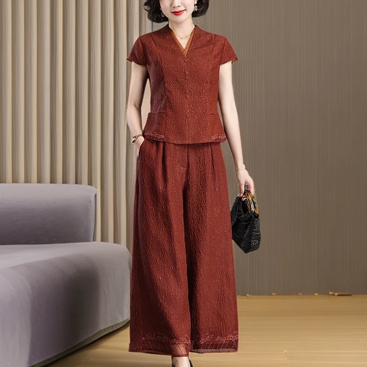 贵夫人香云缎套装阔太太夏季新款红云纱上衣阔腿裤两件套装高档女