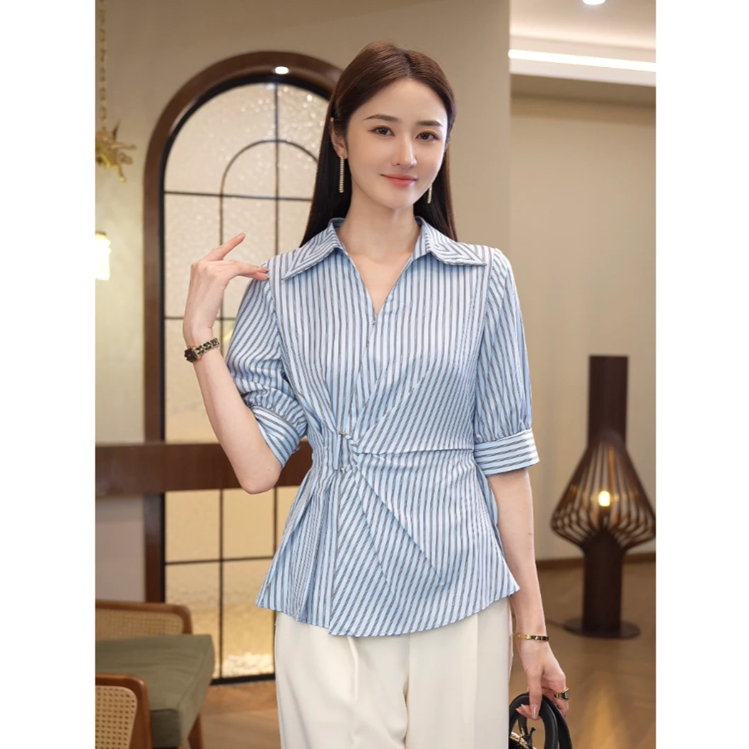 现货2026年夏季新款【7455】通勤显瘦百搭款收腰廓形蓝色条纹衬衫