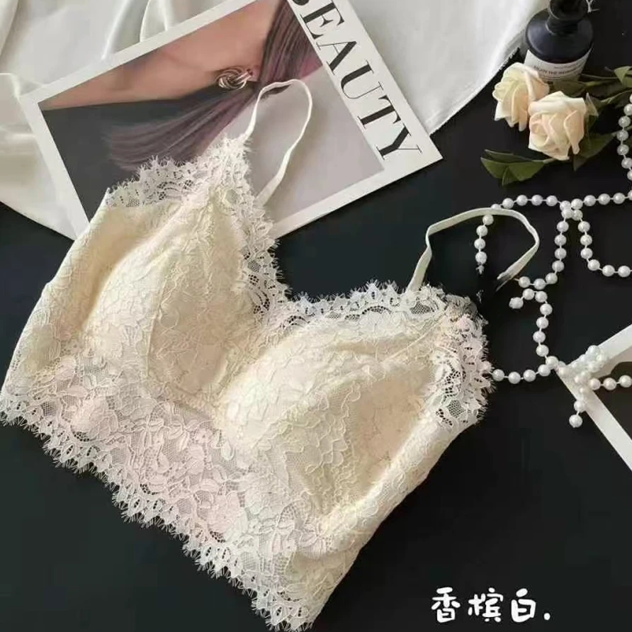 女士纯欲法式性感睫毛蕾丝美背抹胸固定杯聚拢内衣吊带