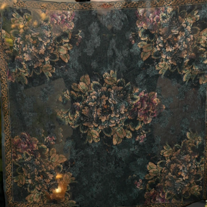 深绿牡丹丝巾吸扣烧花70小方巾