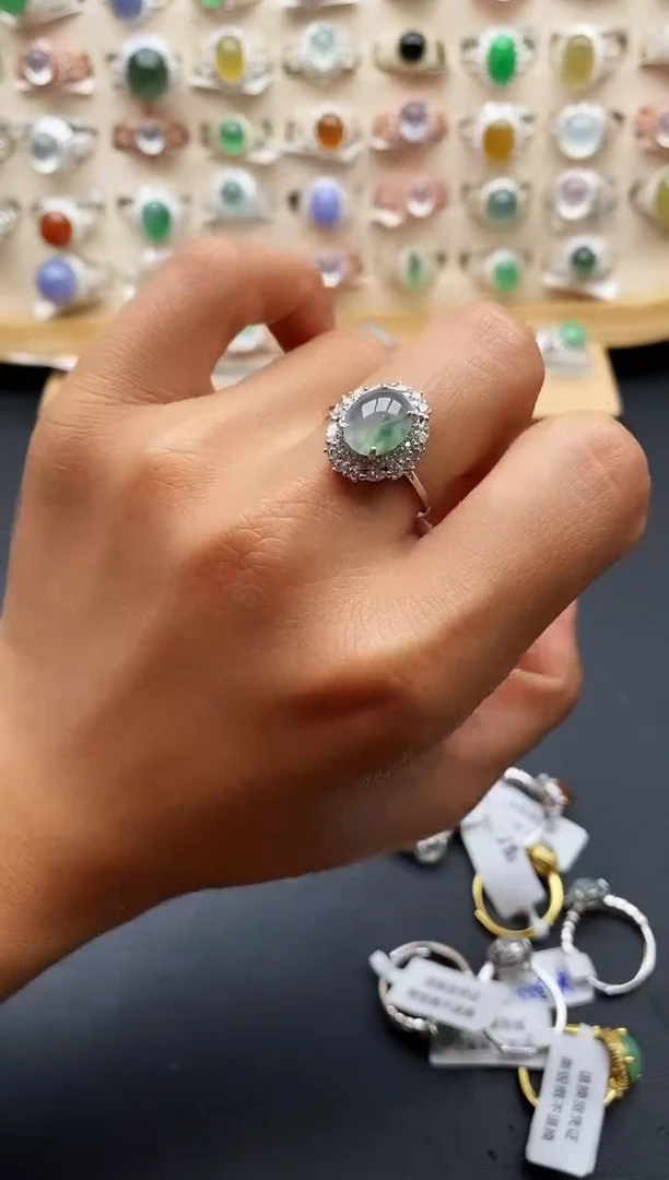 银S925镶嵌戒指翡翠缅甸天然A货翡翠2 1-8