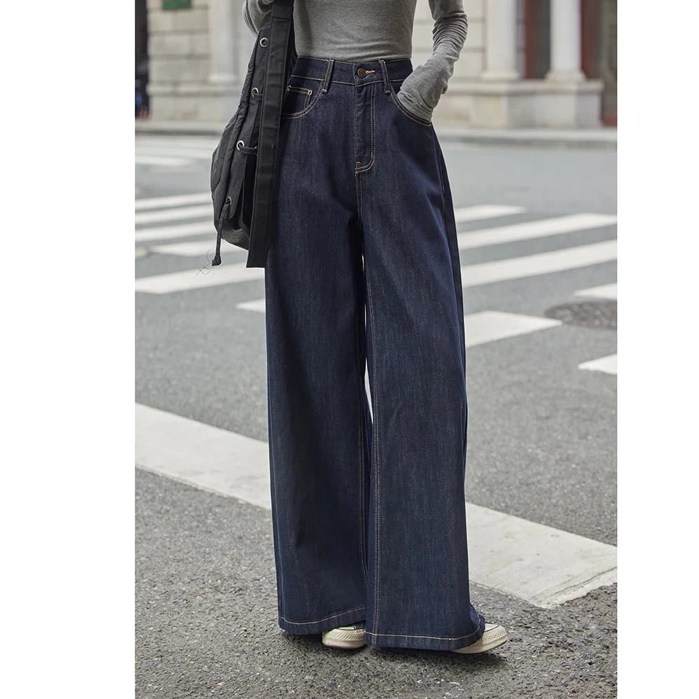 G4303深蓝色阔腿牛仔裤女秋季宽松直筒裤慵懒松弛感小个子长裤子